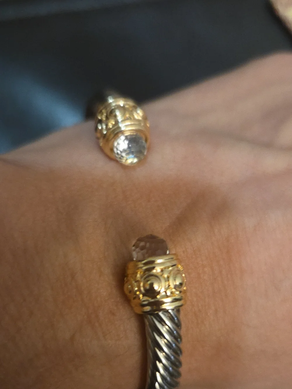 Gold Tone and Silver Tone Cable Cuff Bangle Rope Bracelet With Crystal Accents